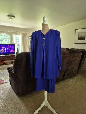 Patra Blue Sheath Dress And Sheer Jacket Combo Size 18, Rhinestone Buttons